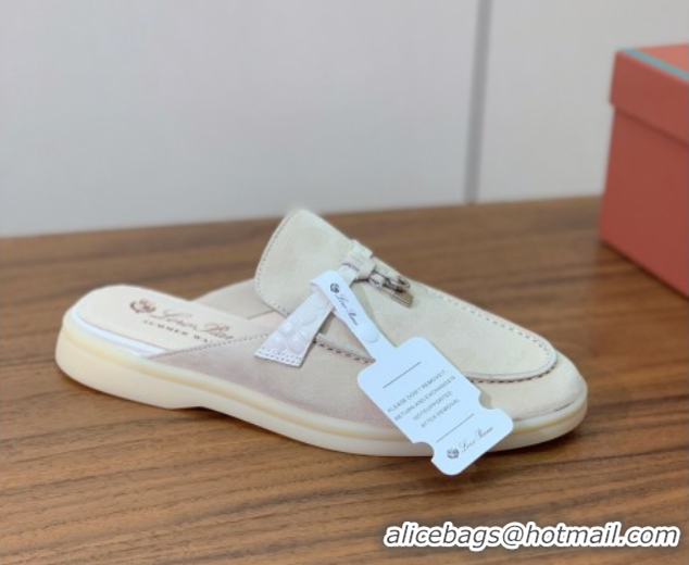 Most Popular Loro Piana Charms Walk Babouche Loafer Mules in Suede and Crocodile-Like Leaher Inserts Light Apricot 07080