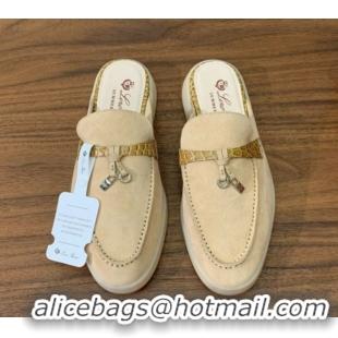 Good Looking Loro Piana Charms Walk Babouche Loafer Mules in Suede and Crocodile-Like Leaher Inserts 387Apricot 0708015