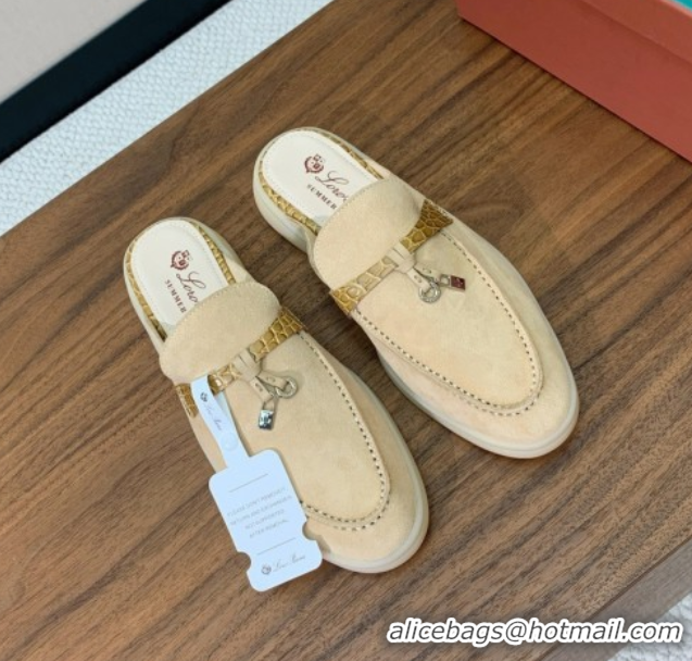 Good Looking Loro Piana Charms Walk Babouche Loafer Mules in Suede and Crocodile-Like Leaher Inserts 387Apricot 0708015