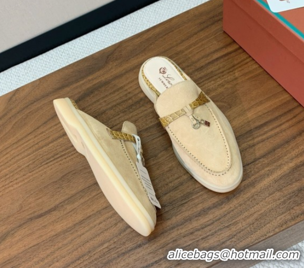 Good Looking Loro Piana Charms Walk Babouche Loafer Mules in Suede and Crocodile-Like Leaher Inserts 387Apricot 0708015