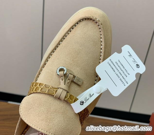 Good Looking Loro Piana Charms Walk Babouche Loafer Mules in Suede and Crocodile-Like Leaher Inserts 387Apricot 0708015