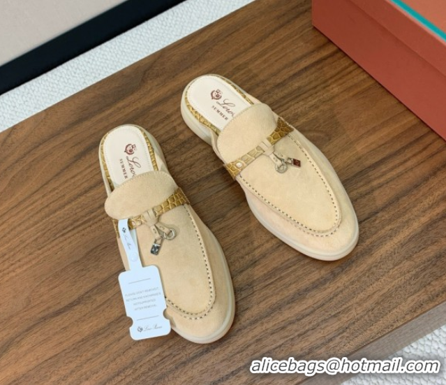 Good Looking Loro Piana Charms Walk Babouche Loafer Mules in Suede and Crocodile-Like Leaher Inserts 387Apricot 0708015