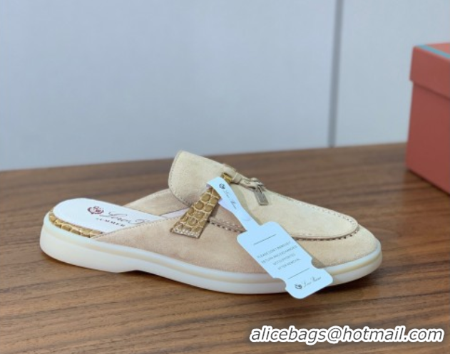 Good Looking Loro Piana Charms Walk Babouche Loafer Mules in Suede and Crocodile-Like Leaher Inserts 387Apricot 0708015