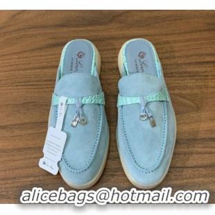 Durable Loro Piana Charms Walk Babouche Loafer Mules in Suede and Crocodile-Like Leaher Inserts Light Blue 0708016