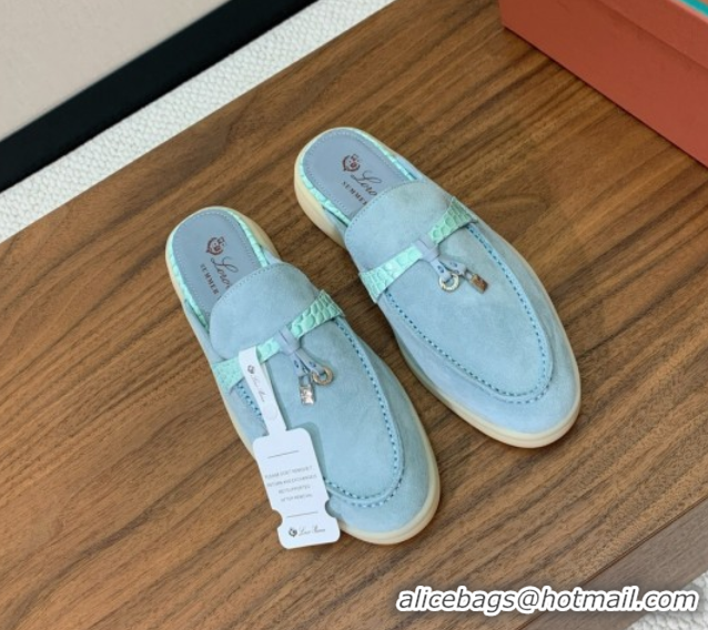 Durable Loro Piana Charms Walk Babouche Loafer Mules in Suede and Crocodile-Like Leaher Inserts Light Blue 0708016