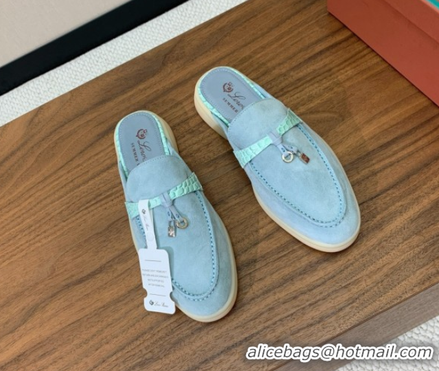 Durable Loro Piana Charms Walk Babouche Loafer Mules in Suede and Crocodile-Like Leaher Inserts Light Blue 0708016