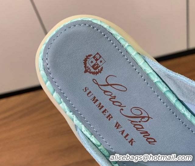 Durable Loro Piana Charms Walk Babouche Loafer Mules in Suede and Crocodile-Like Leaher Inserts Light Blue 0708016