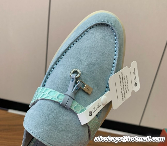 Durable Loro Piana Charms Walk Babouche Loafer Mules in Suede and Crocodile-Like Leaher Inserts Light Blue 0708016