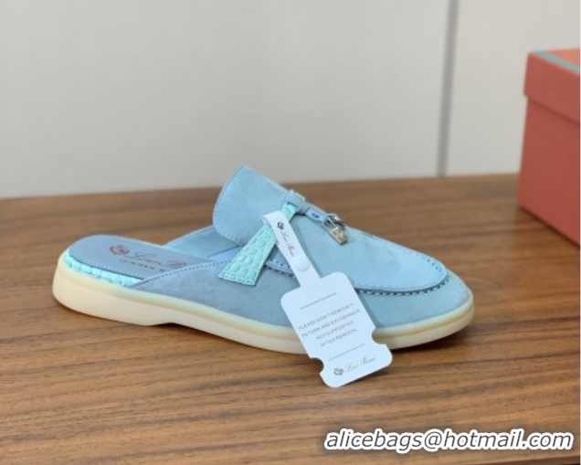 Durable Loro Piana Charms Walk Babouche Loafer Mules in Suede and Crocodile-Like Leaher Inserts Light Blue 0708016