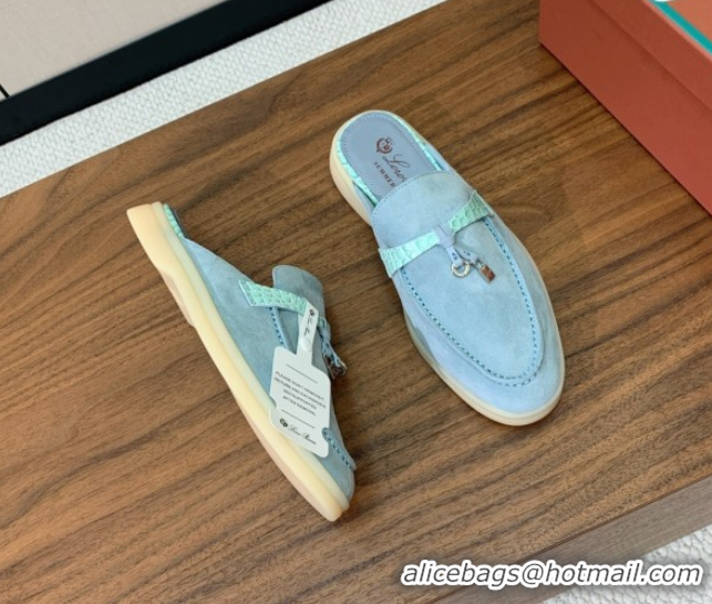 Durable Loro Piana Charms Walk Babouche Loafer Mules in Suede and Crocodile-Like Leaher Inserts Light Blue 0708016