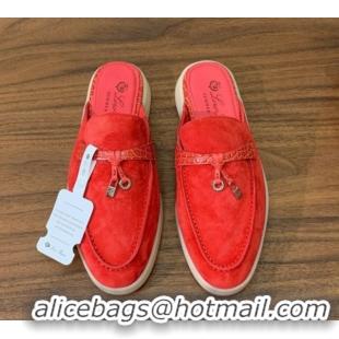 Charming Loro Piana Charms Walk Babouche Loafer Mules in Suede and Crocodile-Like Leaher Inserts Red 0708017