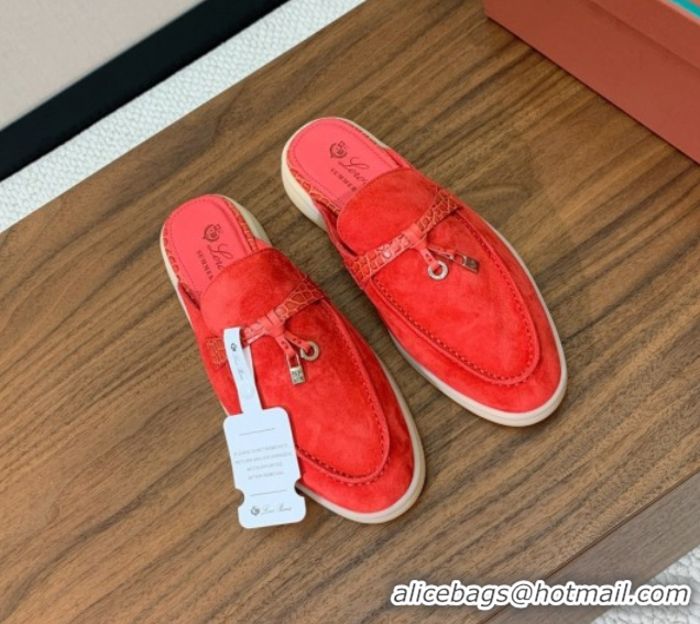 Charming Loro Piana Charms Walk Babouche Loafer Mules in Suede and Crocodile-Like Leaher Inserts Red 0708017