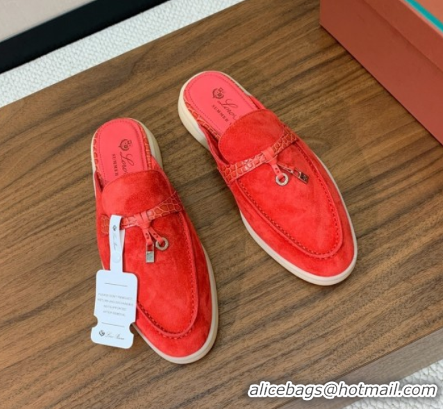 Charming Loro Piana Charms Walk Babouche Loafer Mules in Suede and Crocodile-Like Leaher Inserts Red 0708017