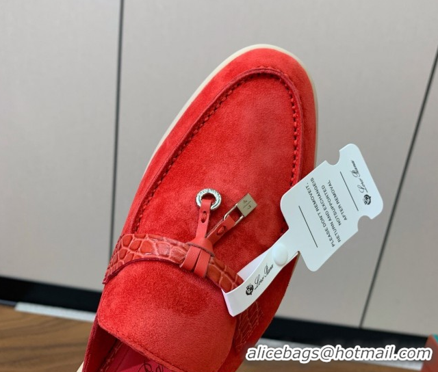 Charming Loro Piana Charms Walk Babouche Loafer Mules in Suede and Crocodile-Like Leaher Inserts Red 0708017