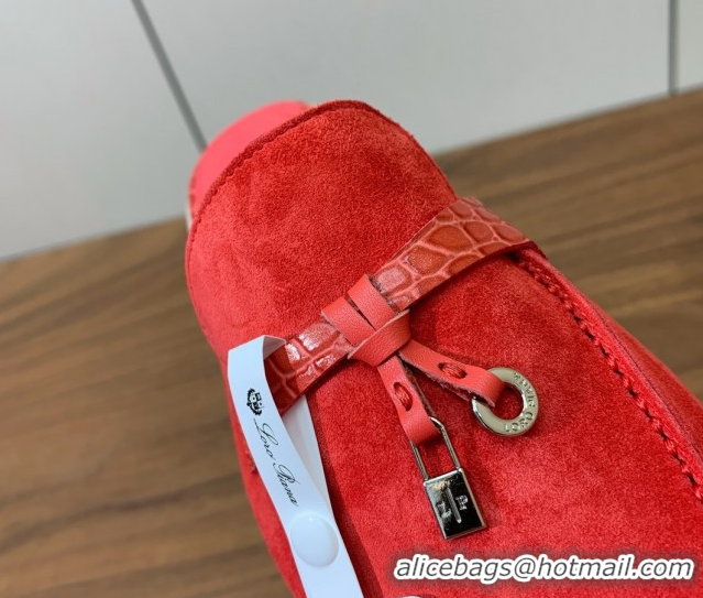 Charming Loro Piana Charms Walk Babouche Loafer Mules in Suede and Crocodile-Like Leaher Inserts Red 0708017
