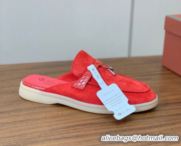 Charming Loro Piana Charms Walk Babouche Loafer Mules in Suede and Crocodile-Like Leaher Inserts Red 0708017