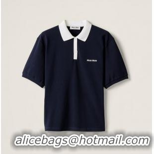 ​High Quality Miu Miu Cotton Pique Polo Shirt 5998 Navy Blue 2025