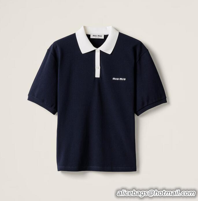 ​High Quality Miu Miu Cotton Pique Polo Shirt 5998 Navy Blue 2025