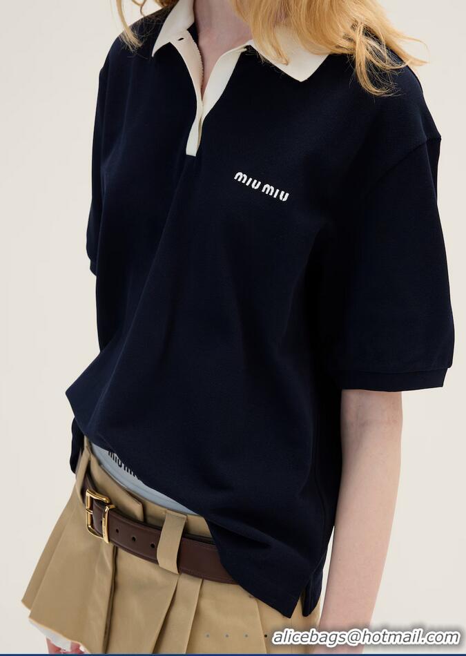 ​High Quality Miu Miu Cotton Pique Polo Shirt 5998 Navy Blue 2025