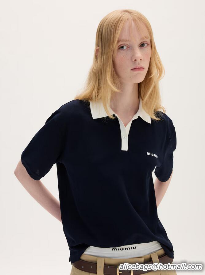 ​High Quality Miu Miu Cotton Pique Polo Shirt 5998 Navy Blue 2025