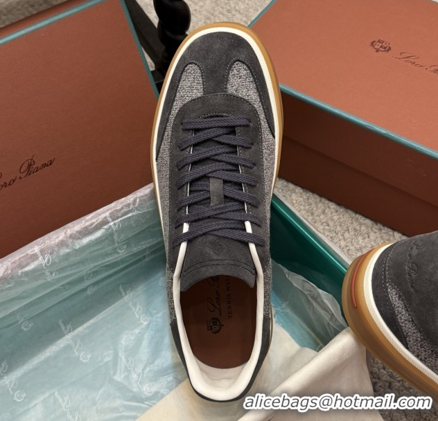 Top Grade Loro Piana Tennis Walk Sneaker in Suede & Linen Grey/Black 5080918 