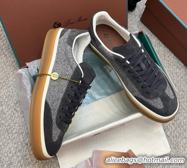 Top Grade Loro Piana Tennis Walk Sneaker in Suede & Linen Grey/Black 5080918 