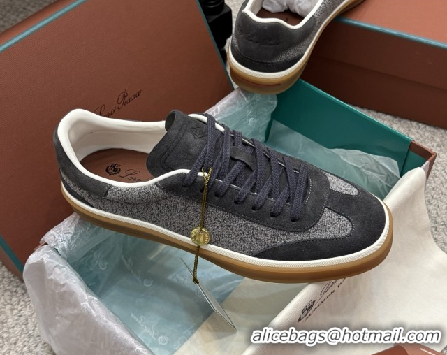 Top Grade Loro Piana Tennis Walk Sneaker in Suede & Linen Grey/Black 5080918 