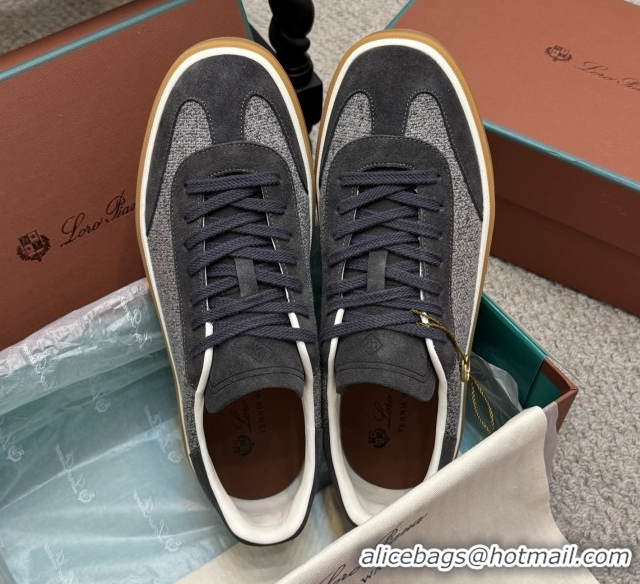 Top Grade Loro Piana Tennis Walk Sneaker in Suede & Linen Grey/Black 5080918 