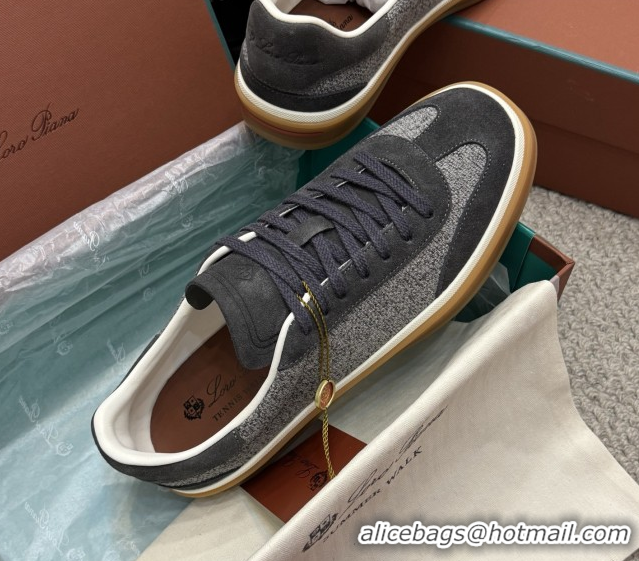Top Grade Loro Piana Tennis Walk Sneaker in Suede & Linen Grey/Black 5080918 