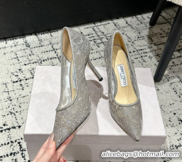 Top Design Jimmy Choo Love Pumps 8.5cm in Shiny Lace Grey 2025 JC070801