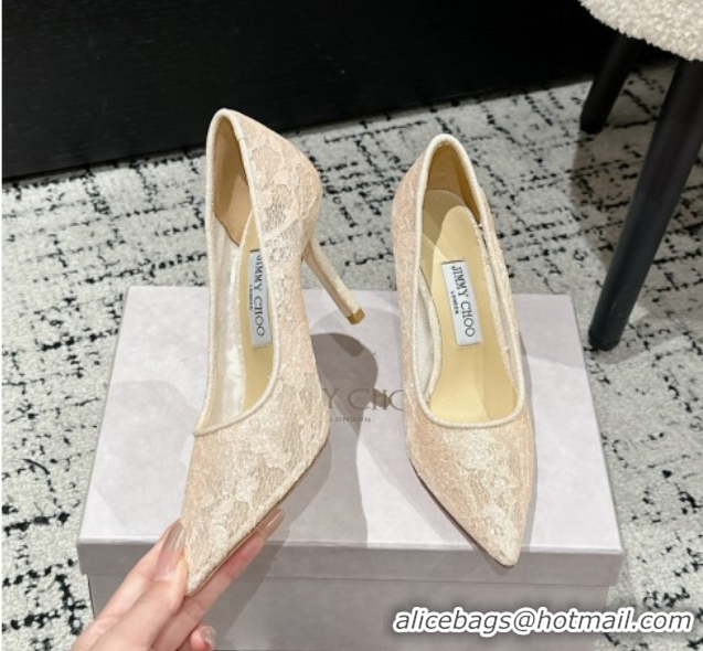 Best Grade Jimmy Choo Love Pumps 8.5cm in Shiny Lace Nude 2025 JC070801