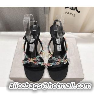 Stylish Jimmy Choo Blanche Heel Sandals 8.5cm in Satin with Daisy Bloom Embroidery Black 0708108
