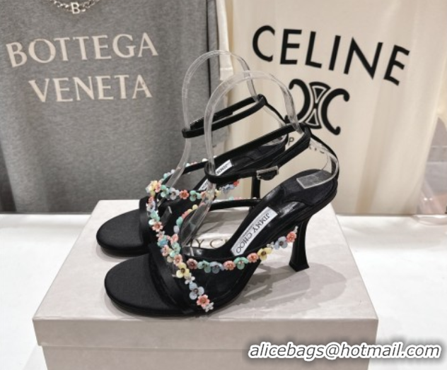 Stylish Jimmy Choo Blanche Heel Sandals 8.5cm in Satin with Daisy Bloom Embroidery Black 0708108