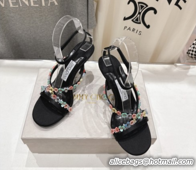 Stylish Jimmy Choo Blanche Heel Sandals 8.5cm in Satin with Daisy Bloom Embroidery Black 0708108