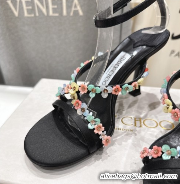 Stylish Jimmy Choo Blanche Heel Sandals 8.5cm in Satin with Daisy Bloom Embroidery Black 0708108