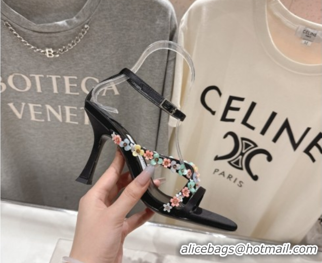 Stylish Jimmy Choo Blanche Heel Sandals 8.5cm in Satin with Daisy Bloom Embroidery Black 0708108