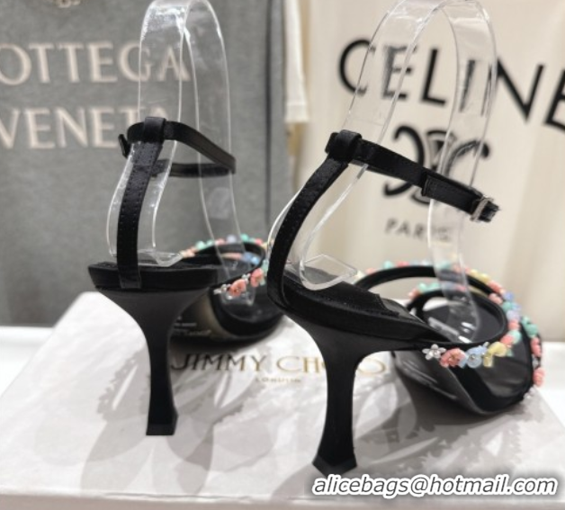 Stylish Jimmy Choo Blanche Heel Sandals 8.5cm in Satin with Daisy Bloom Embroidery Black 0708108