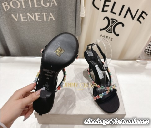 Stylish Jimmy Choo Blanche Heel Sandals 8.5cm in Satin with Daisy Bloom Embroidery Black 0708108