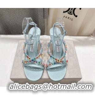 Sumptuous Jimmy Choo Blanche Heel Sandals 8.5cm in Satin with Daisy Bloom Embroidery Blue 0708109