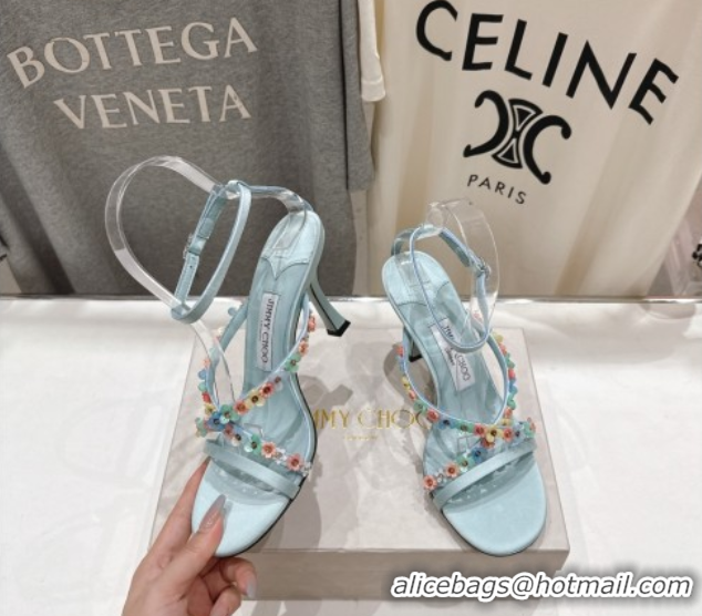 Sumptuous Jimmy Choo Blanche Heel Sandals 8.5cm in Satin with Daisy Bloom Embroidery Blue 0708109