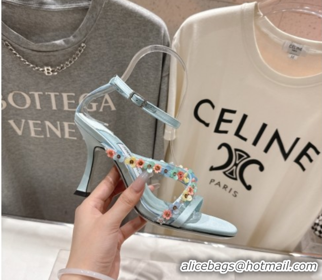 Sumptuous Jimmy Choo Blanche Heel Sandals 8.5cm in Satin with Daisy Bloom Embroidery Blue 0708109