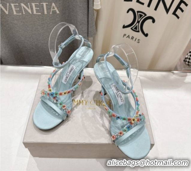 Sumptuous Jimmy Choo Blanche Heel Sandals 8.5cm in Satin with Daisy Bloom Embroidery Blue 0708109