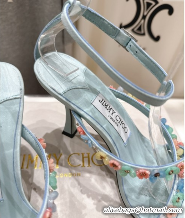 Sumptuous Jimmy Choo Blanche Heel Sandals 8.5cm in Satin with Daisy Bloom Embroidery Blue 0708109
