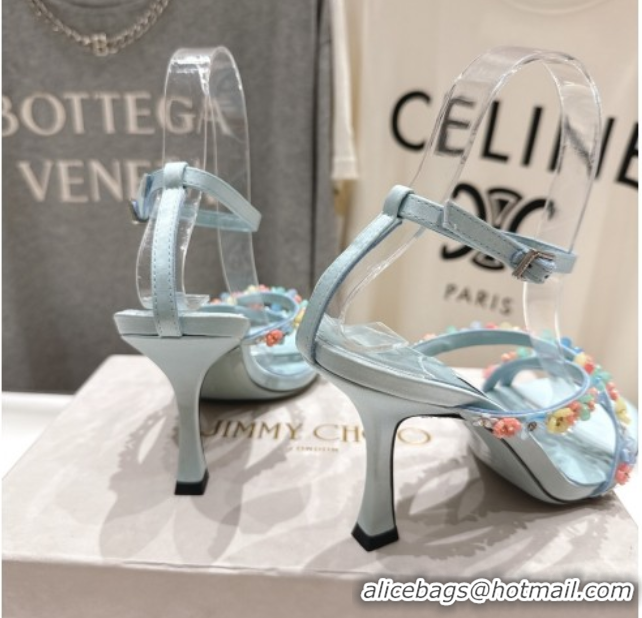 Sumptuous Jimmy Choo Blanche Heel Sandals 8.5cm in Satin with Daisy Bloom Embroidery Blue 0708109