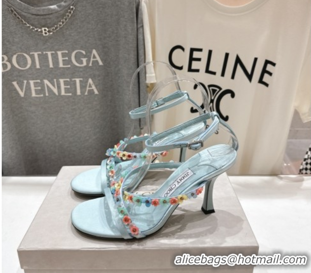 Sumptuous Jimmy Choo Blanche Heel Sandals 8.5cm in Satin with Daisy Bloom Embroidery Blue 0708109