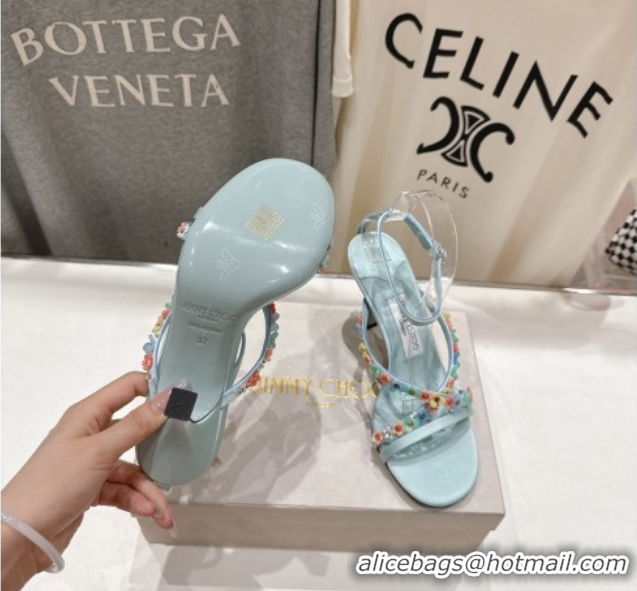 Sumptuous Jimmy Choo Blanche Heel Sandals 8.5cm in Satin with Daisy Bloom Embroidery Blue 0708109