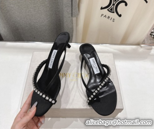 Luxurious Jimmy Choo Dila Heel Slides Sandal 5.5cm in Woven Satin and Strass Black 0708110