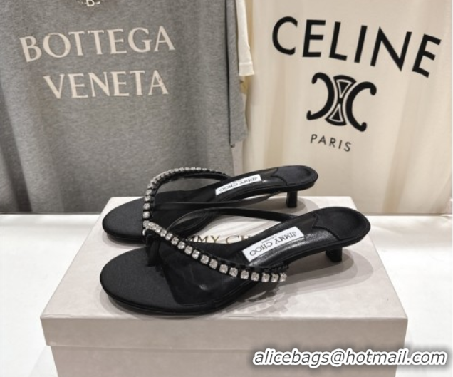 Luxurious Jimmy Choo Dila Heel Slides Sandal 5.5cm in Woven Satin and Strass Black 0708110