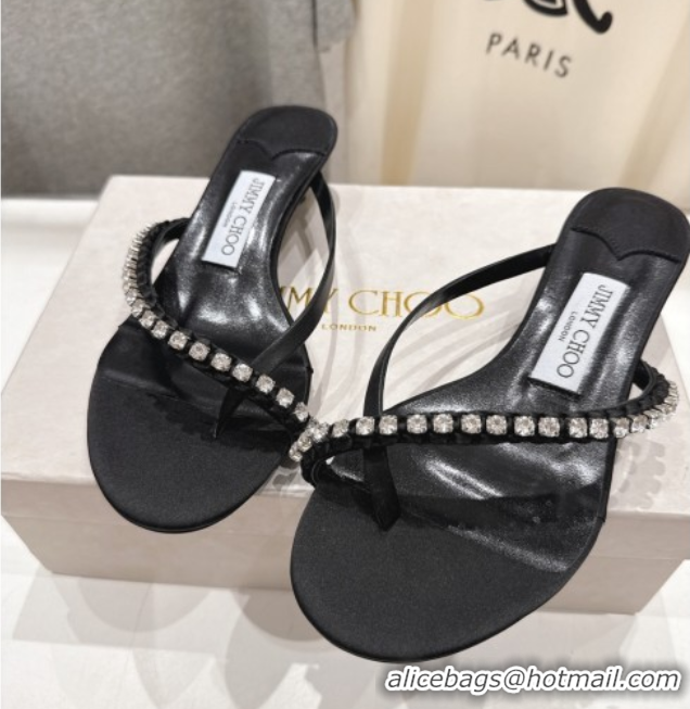 Luxurious Jimmy Choo Dila Heel Slides Sandal 5.5cm in Woven Satin and Strass Black 0708110