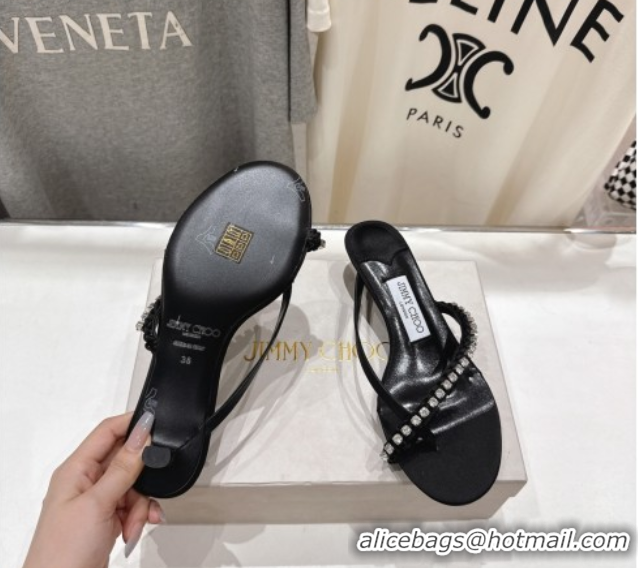 Luxurious Jimmy Choo Dila Heel Slides Sandal 5.5cm in Woven Satin and Strass Black 0708110